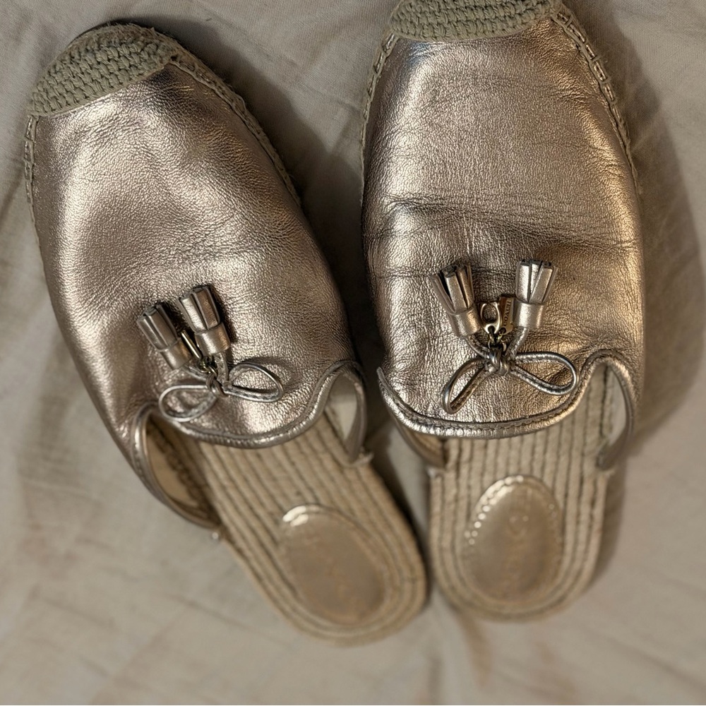 Coach Metallic Silver Slip-On Mule with Tassel Accent